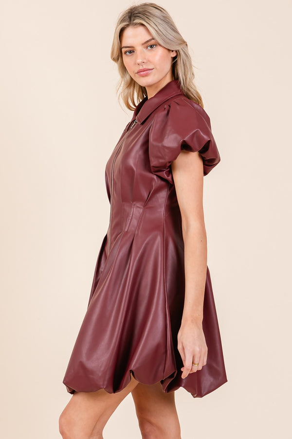 Faux Leather Puff Sleeve Shirt Mini Dress