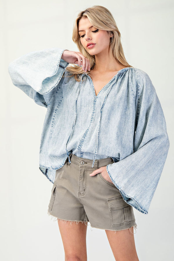 eesome Mineral Washed Bell Sleeve Denim Top