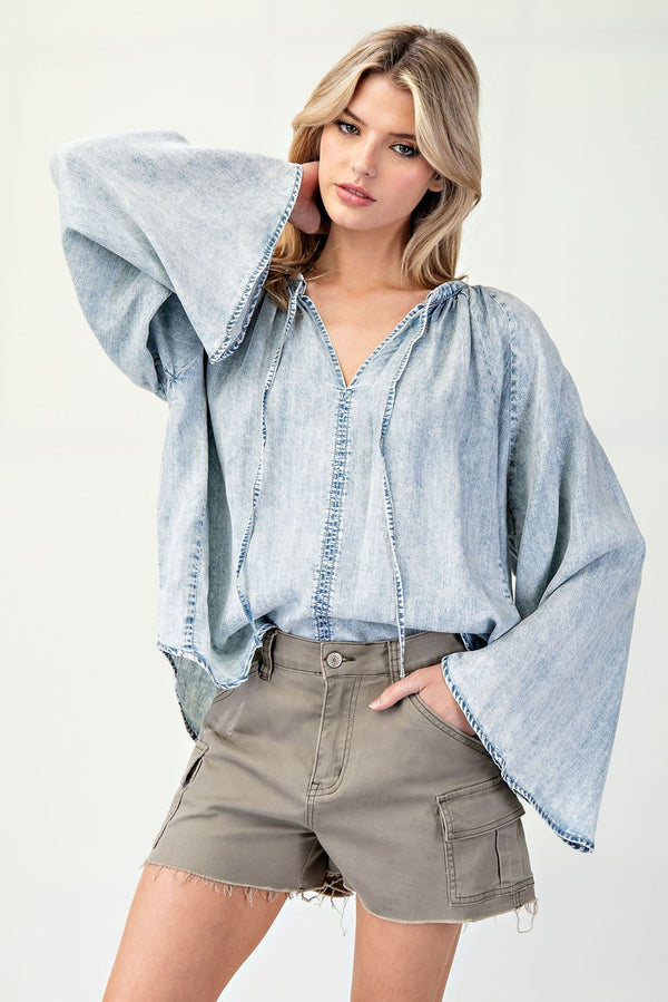 eesome Mineral Washed Bell Sleeve Denim Top