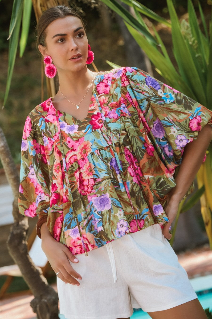 ODDI Printed Blouse with Wide Bubble Sleeve - Curvy Size