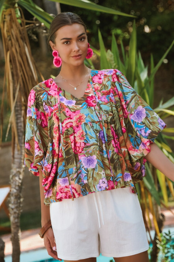 ODDI Printed Blouse with Wide Bubble Sleeve - Curvy Size