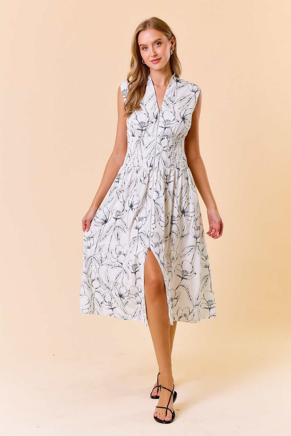 Doe and Rae Floral Print V-Neck Zip-Up Front Midi Dress