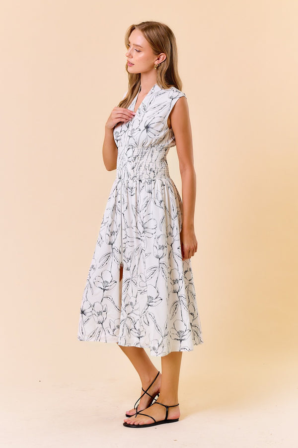 Doe and Rae Floral Print V-Neck Zip-Up Front Midi Dress