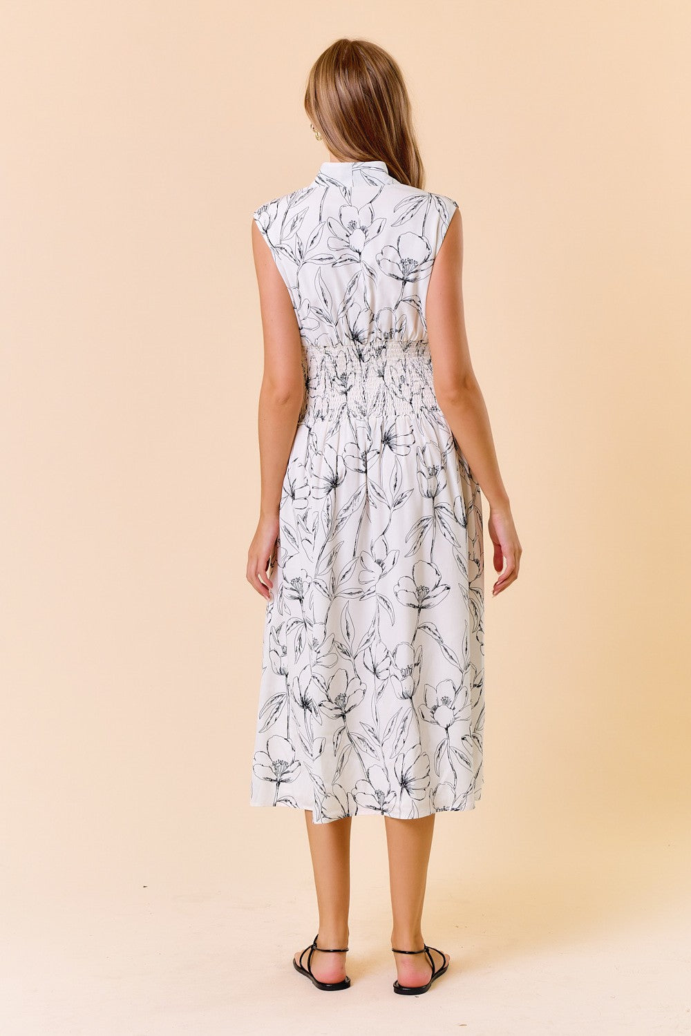 Doe and Rae Floral Print V-Neck Zip-Up Front Midi Dress