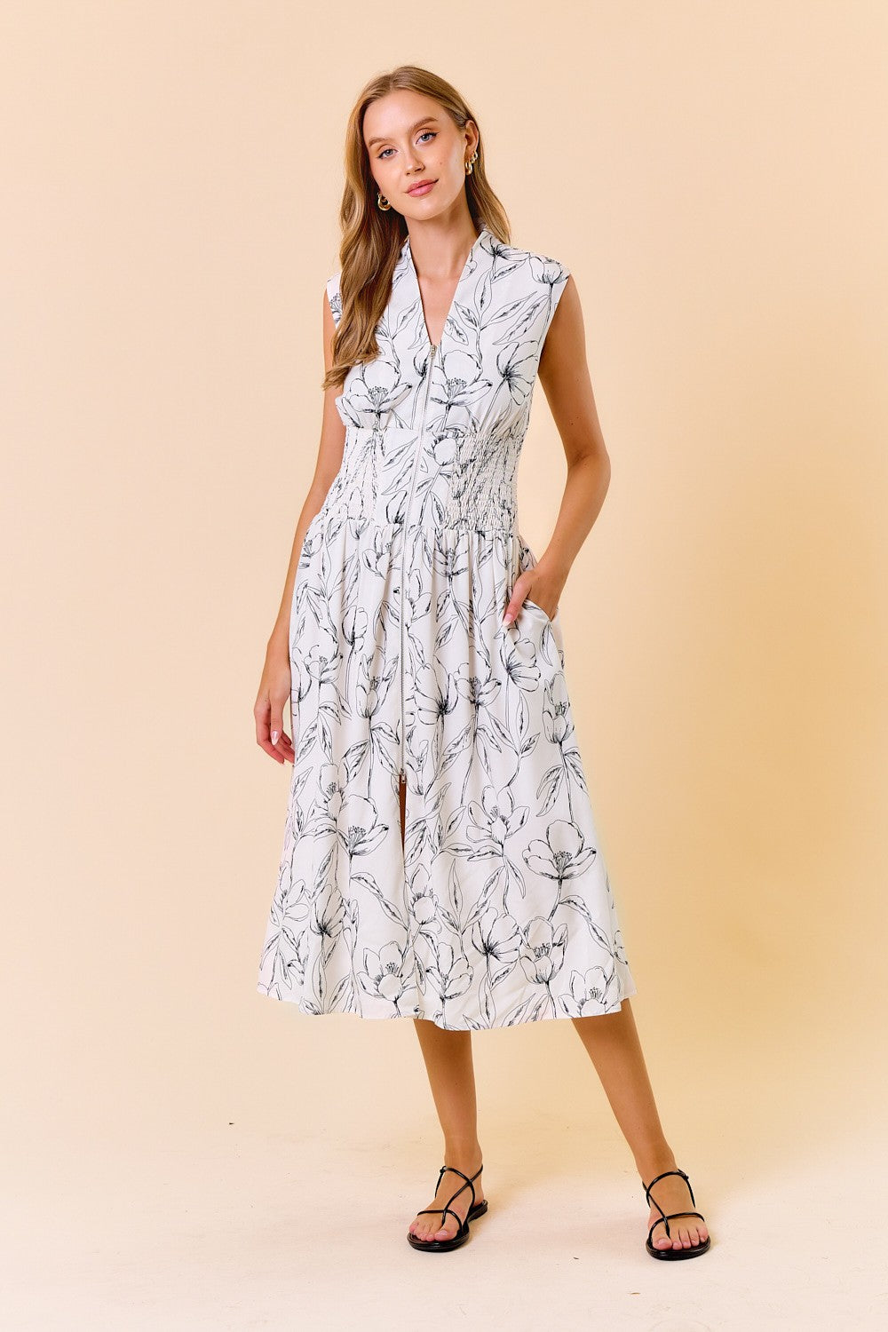 Doe and Rae Floral Print V-Neck Zip-Up Front Midi Dress