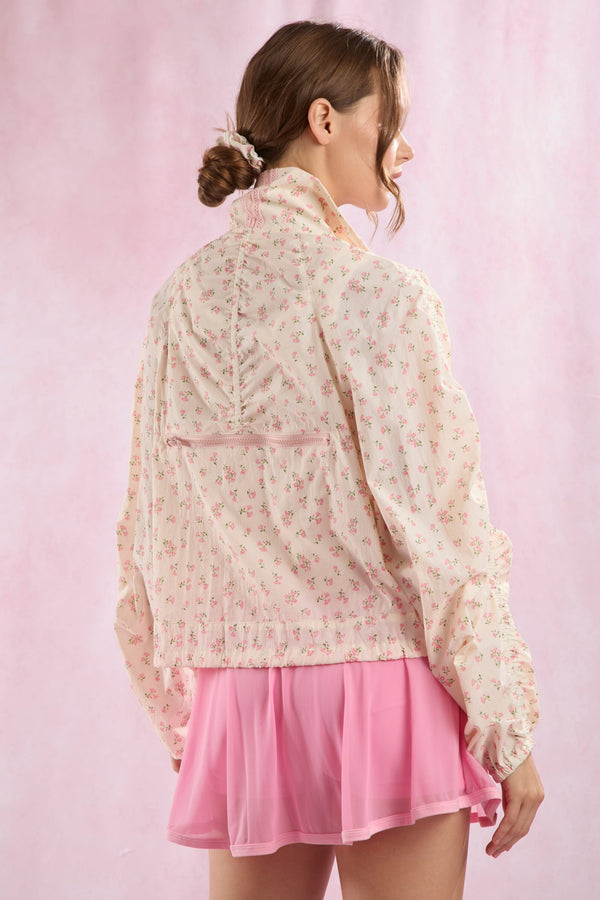 Peach Love Floral Prints Mesh Lace Trim Detail Windbreaker