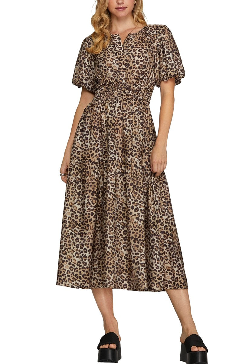 Woven Leopard Print Tiered Midi Dress - Curvy Size