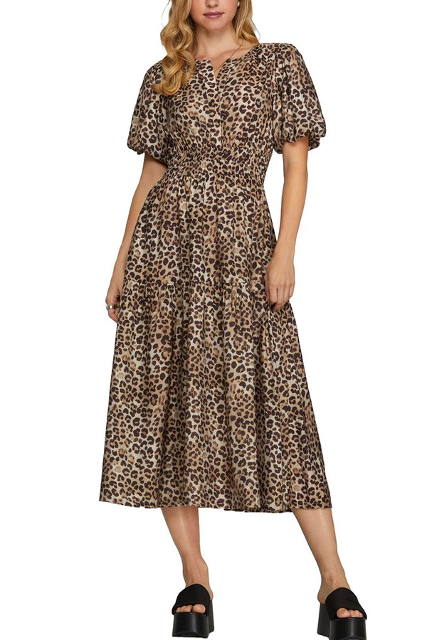 Woven Leopard Print Tiered Midi Dress