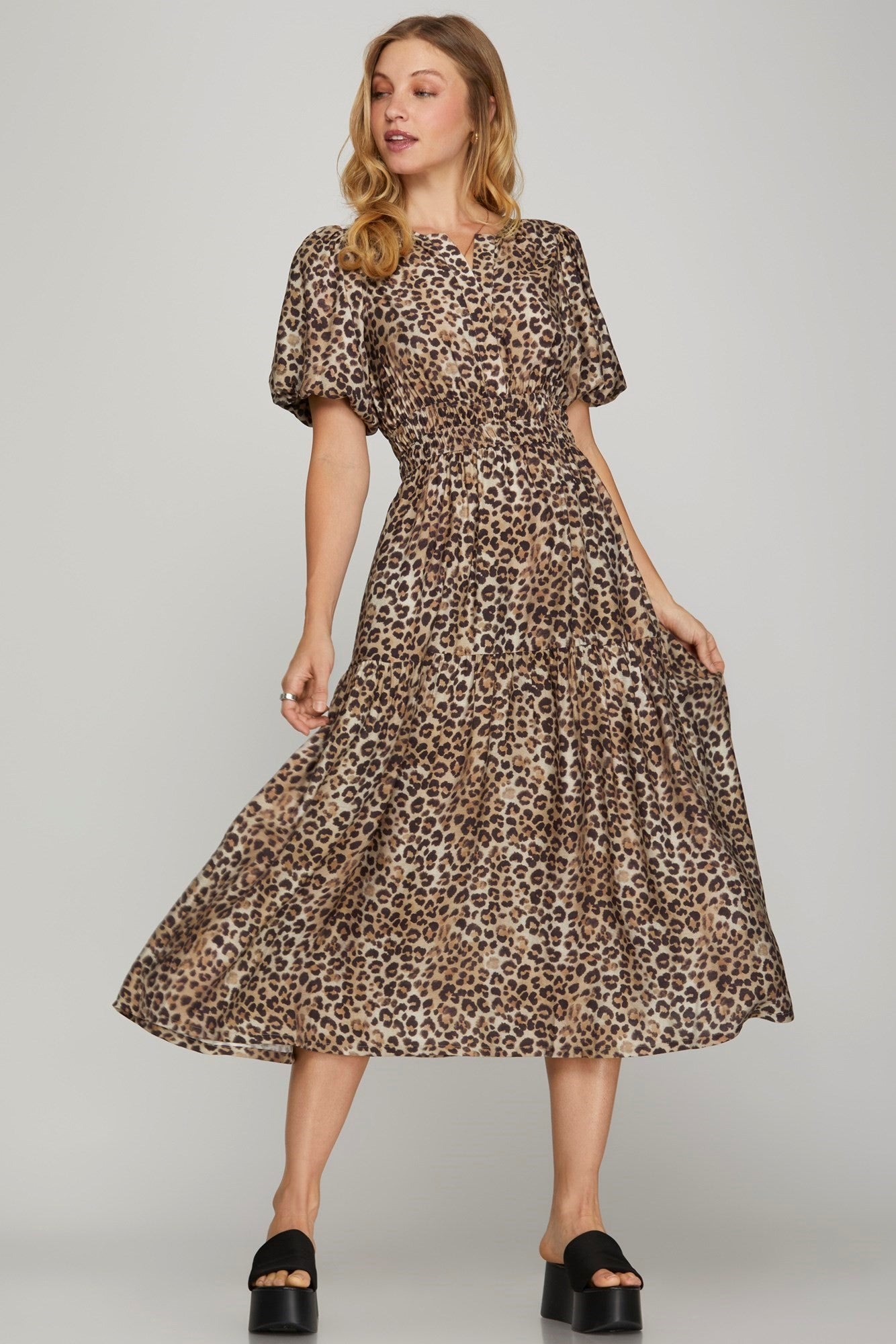 Woven Leopard Print Tiered Midi Dress - Curvy Size