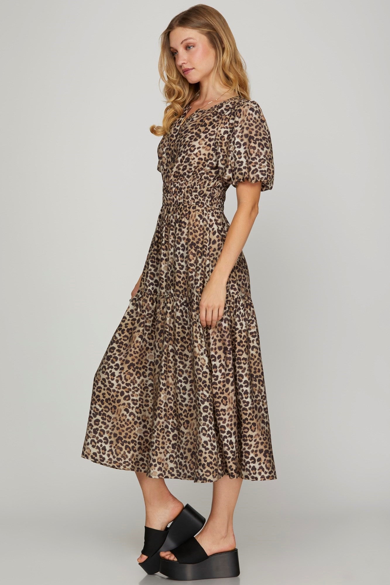 Woven Leopard Print Tiered Midi Dress - Curvy Size