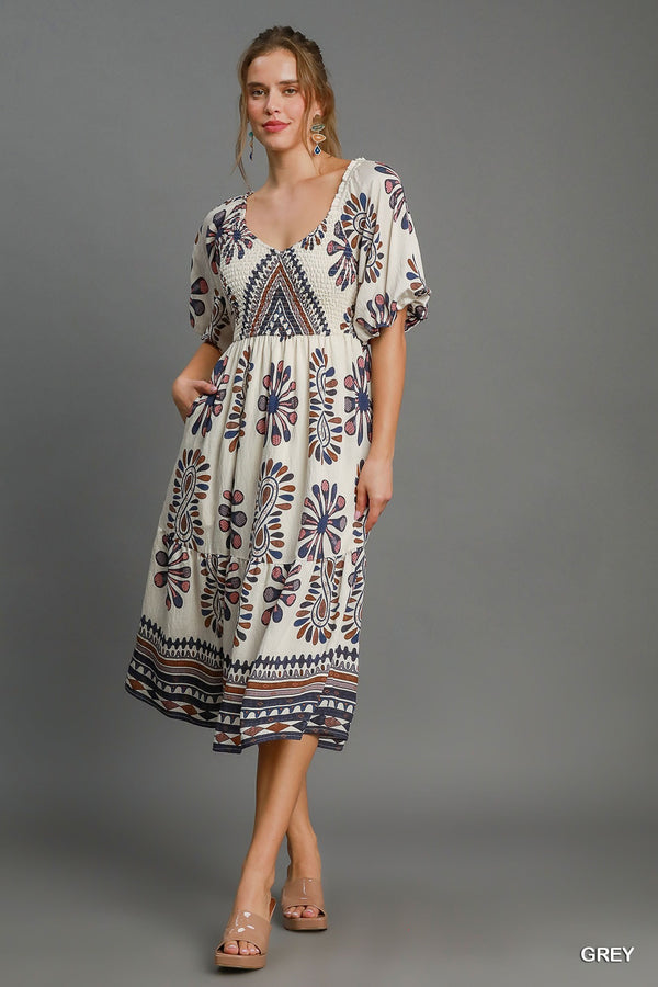 UMGEE Border Print Tiered Midi Dress