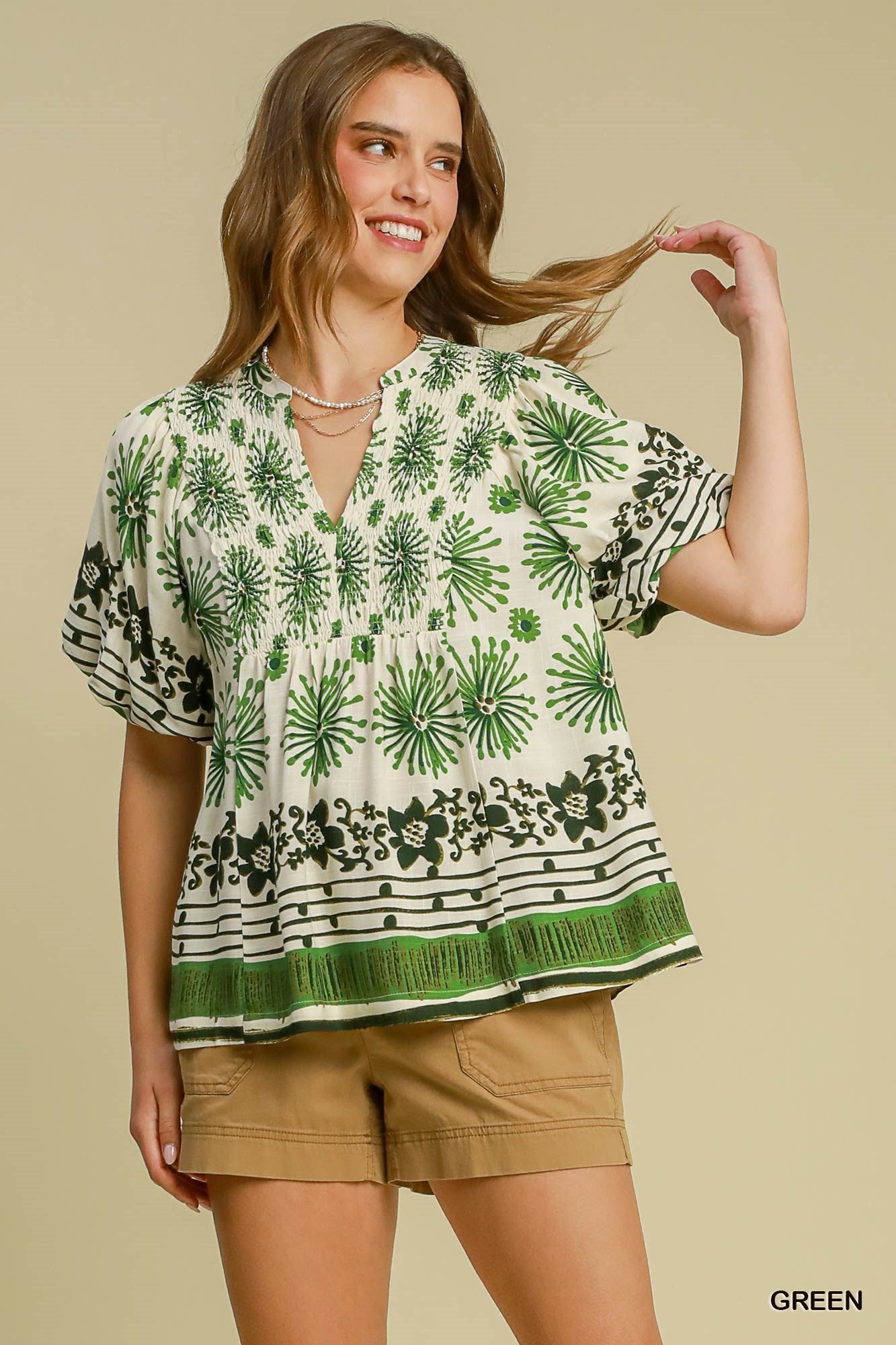 Umgee Mixed Border Print Top with Smocked Details-