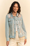 Davi & Dani Floral Embroidered Pannel Detail Denim Jacket - 2 Colors - Curvy Size