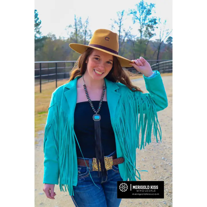 Rhinestone Fringe Turquoise Suede Jacket