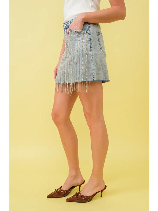 Rhinestone Fringe Front Mini Denim Skirt