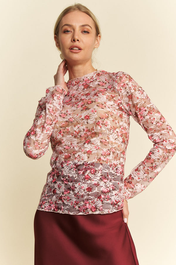 Davi & Dani Floral Print Mesh Long Sleeve Layering Top - Curvy Size