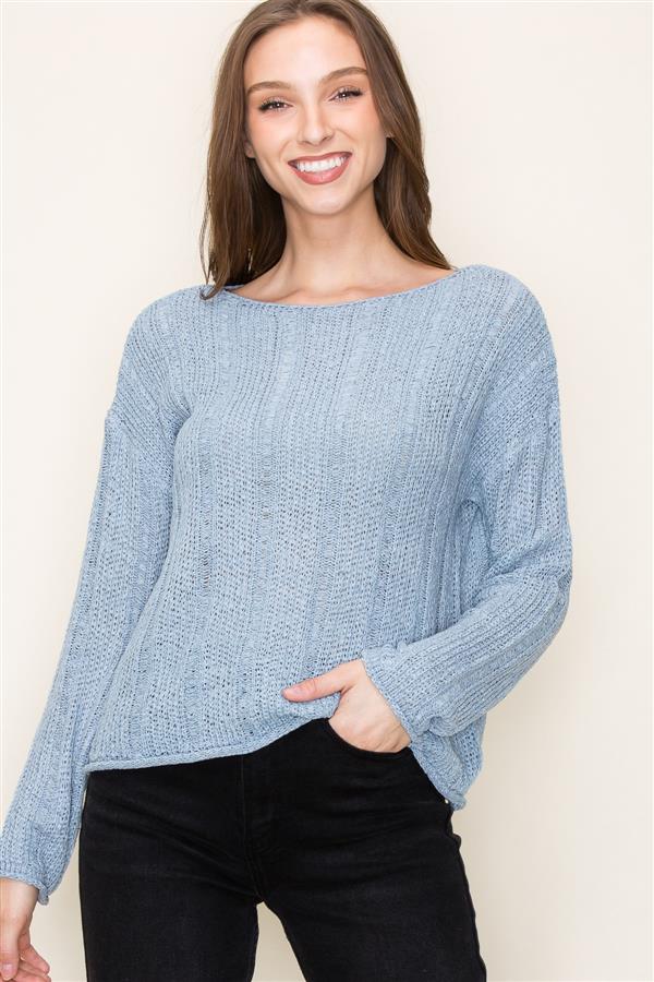 Pointelle Open Weaved Long Sleeve Boat Neck Sweater