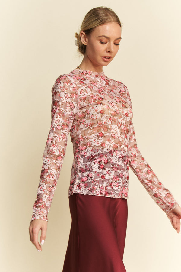 Davi & Dani Floral Print Mesh Long Sleeve Layering Top - Curvy Size