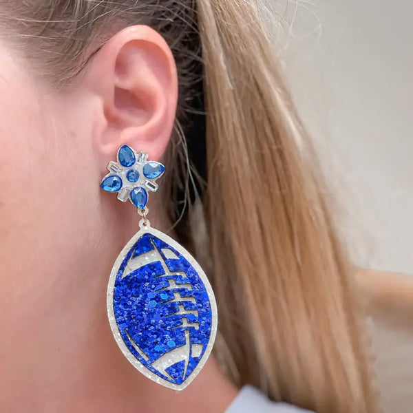 GAME DAY Glitter Football Dangle Earrings - Blue & White