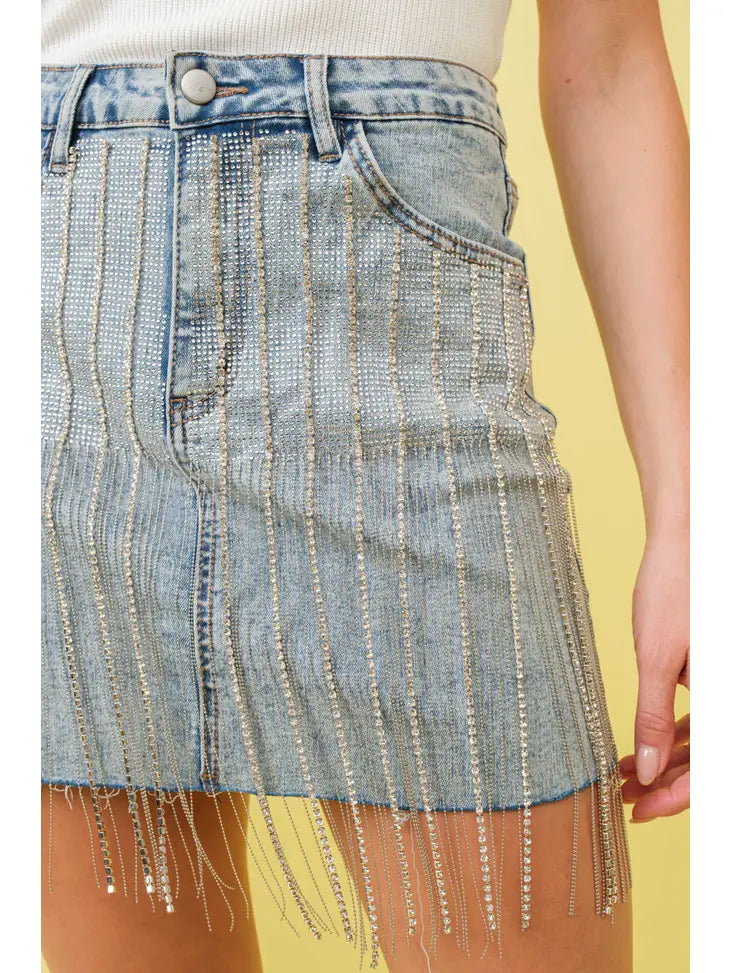 Rhinestone Fringe Front Mini Denim Skirt