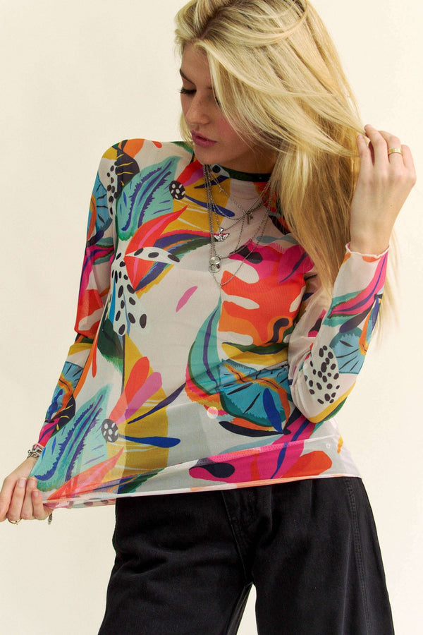 Davi & Dani Colorful Tropical Drowing Mesh Long Sleeve Top