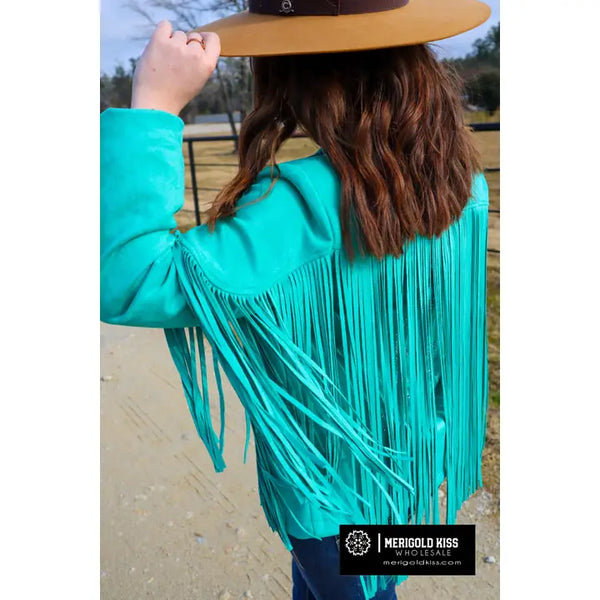 Rhinestone Fringe Turquoise Suede Jacket