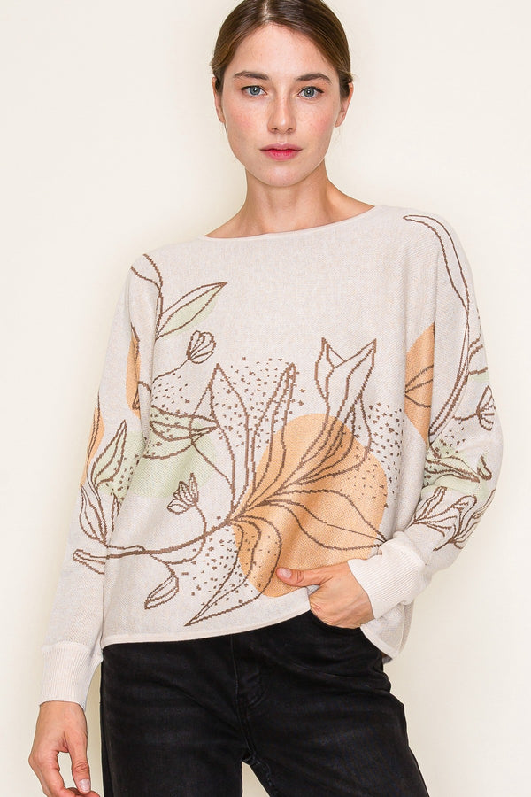 Staccato Flower Print Jacquard Boat Neck Dolman Sleeve top