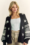 Davi & Dani Star Printed Loose Fit Stripe Long Sleeve Cardigan