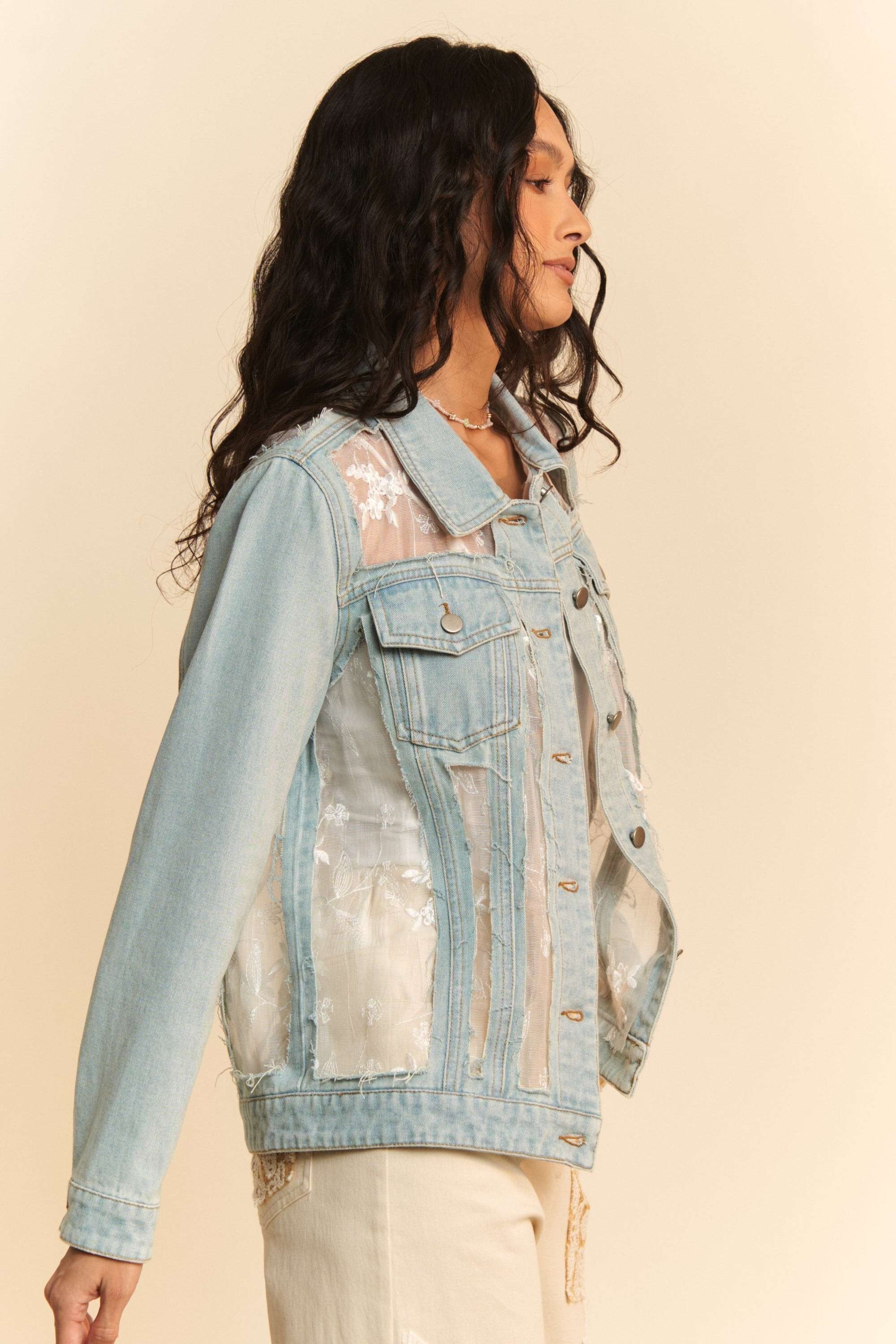 Davi & Dani Floral Embroidered Pannel Detail Denim Jacket - 2 Colors - Curvy Size