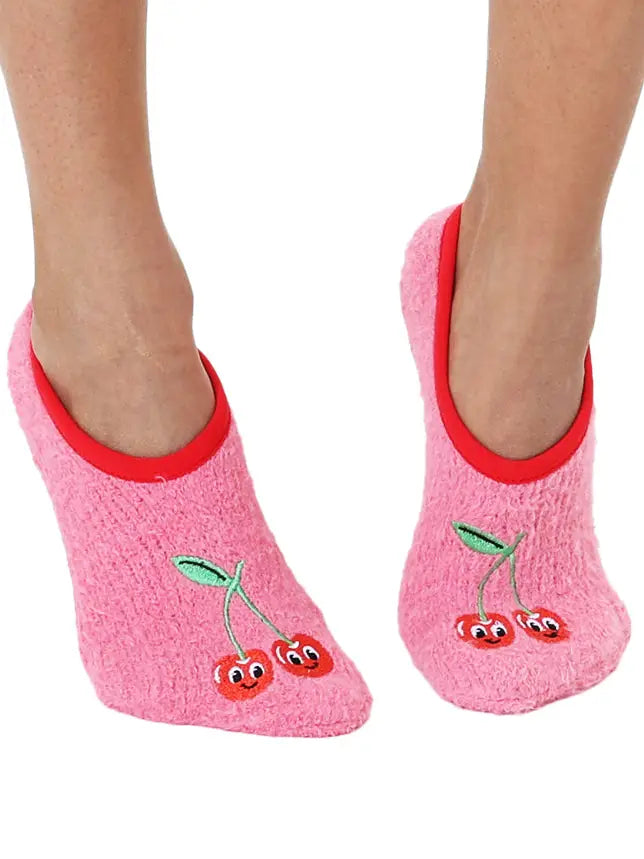 Fuzzy Slipper Socks - Funny Face Cherries - Pink