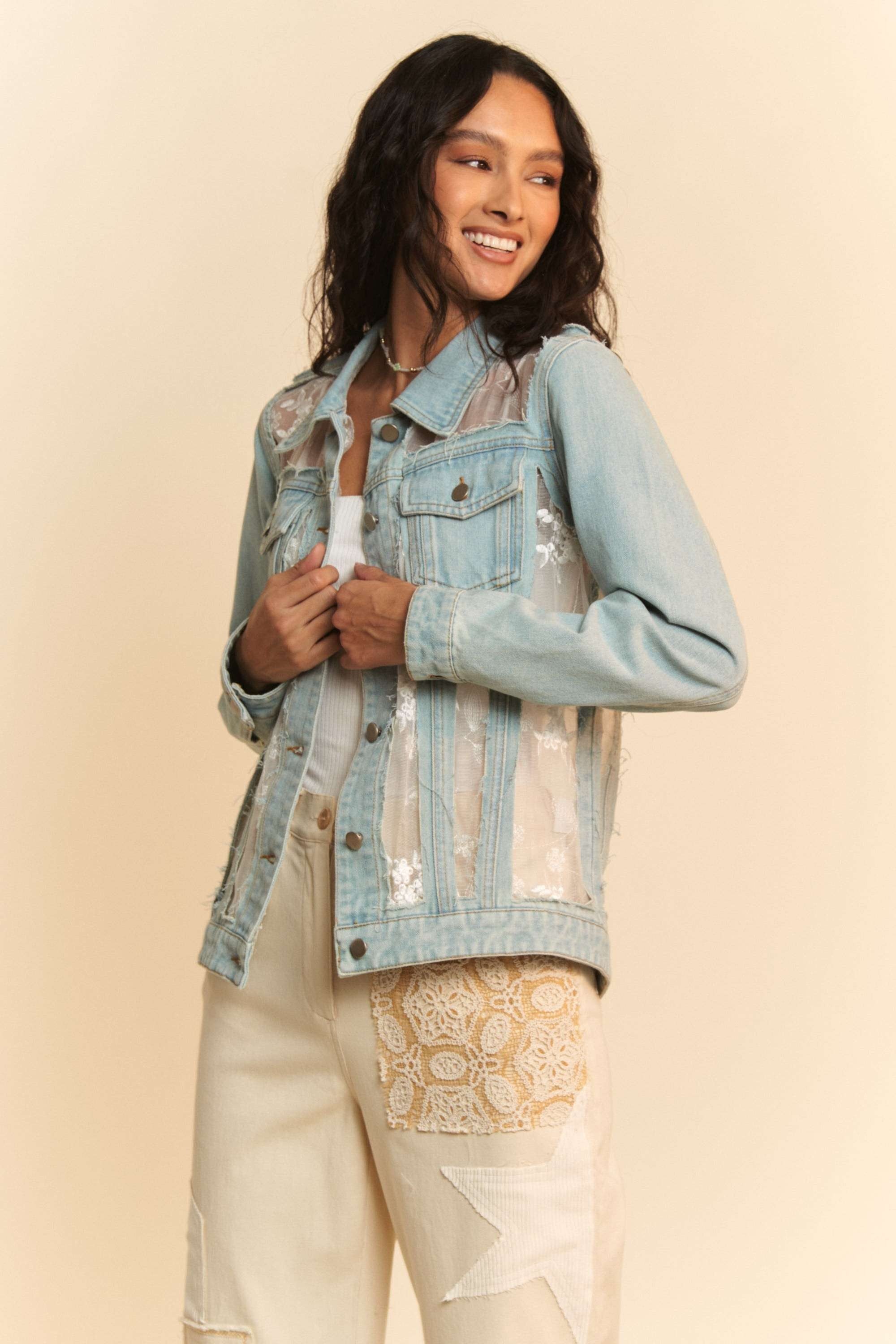 Davi & Dani Floral Embroidered Pannel Detail Denim Jacket - 2 Colors - Curvy Size