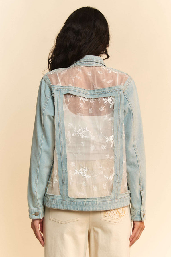 Davi & Dani Floral Embroidered Pannel Detail Denim Jacket - 2 Colors