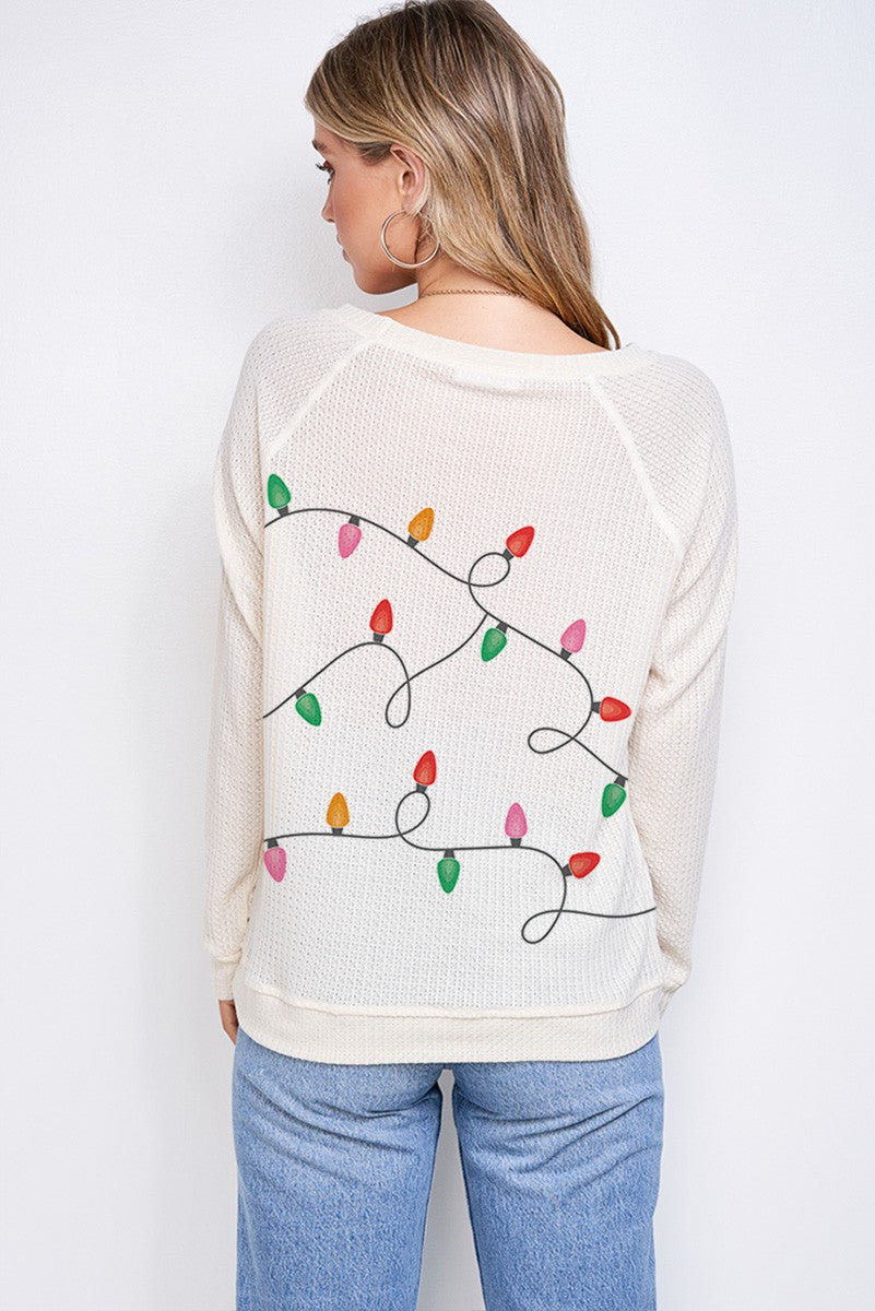 Christmas print waffle long sleeve top