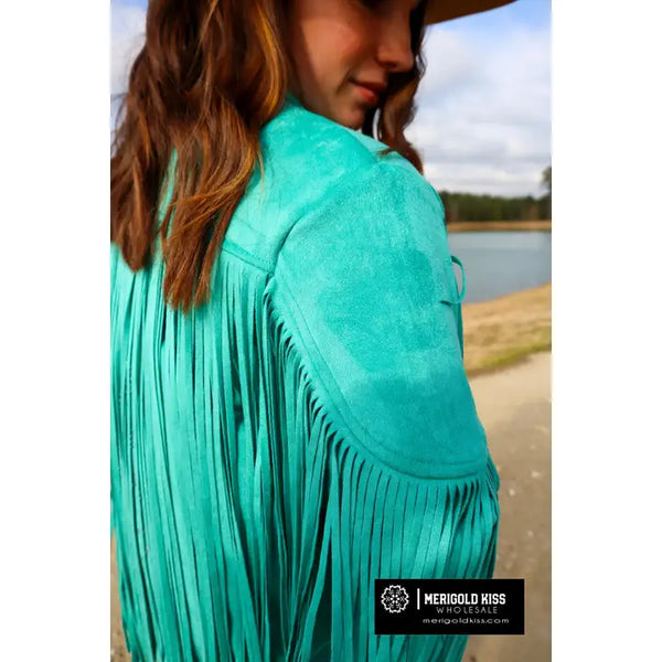 Rhinestone Fringe Turquoise Suede Jacket