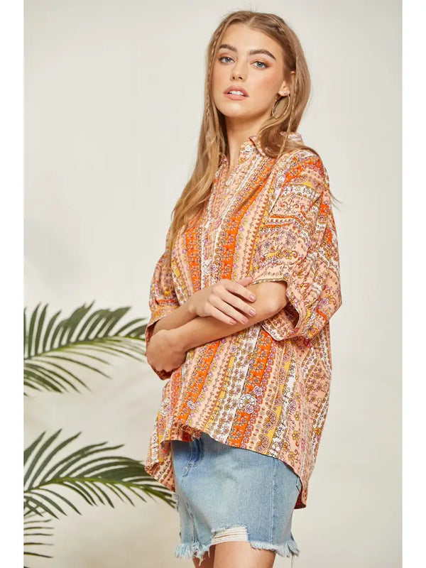 Satin Like Print Top This Features Button Up Front - Curvy Size