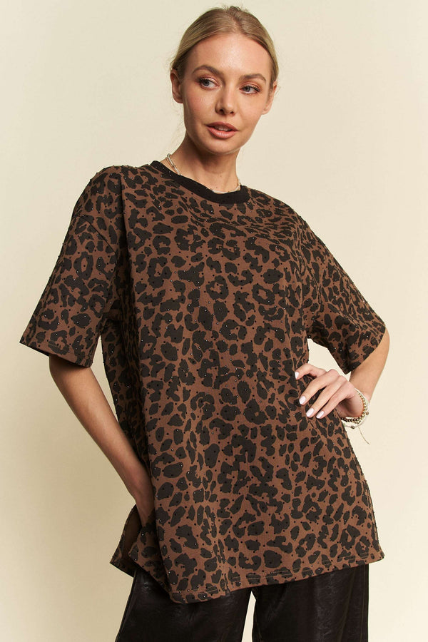 Leopard Rhinestone Stud Short Sleeve Top