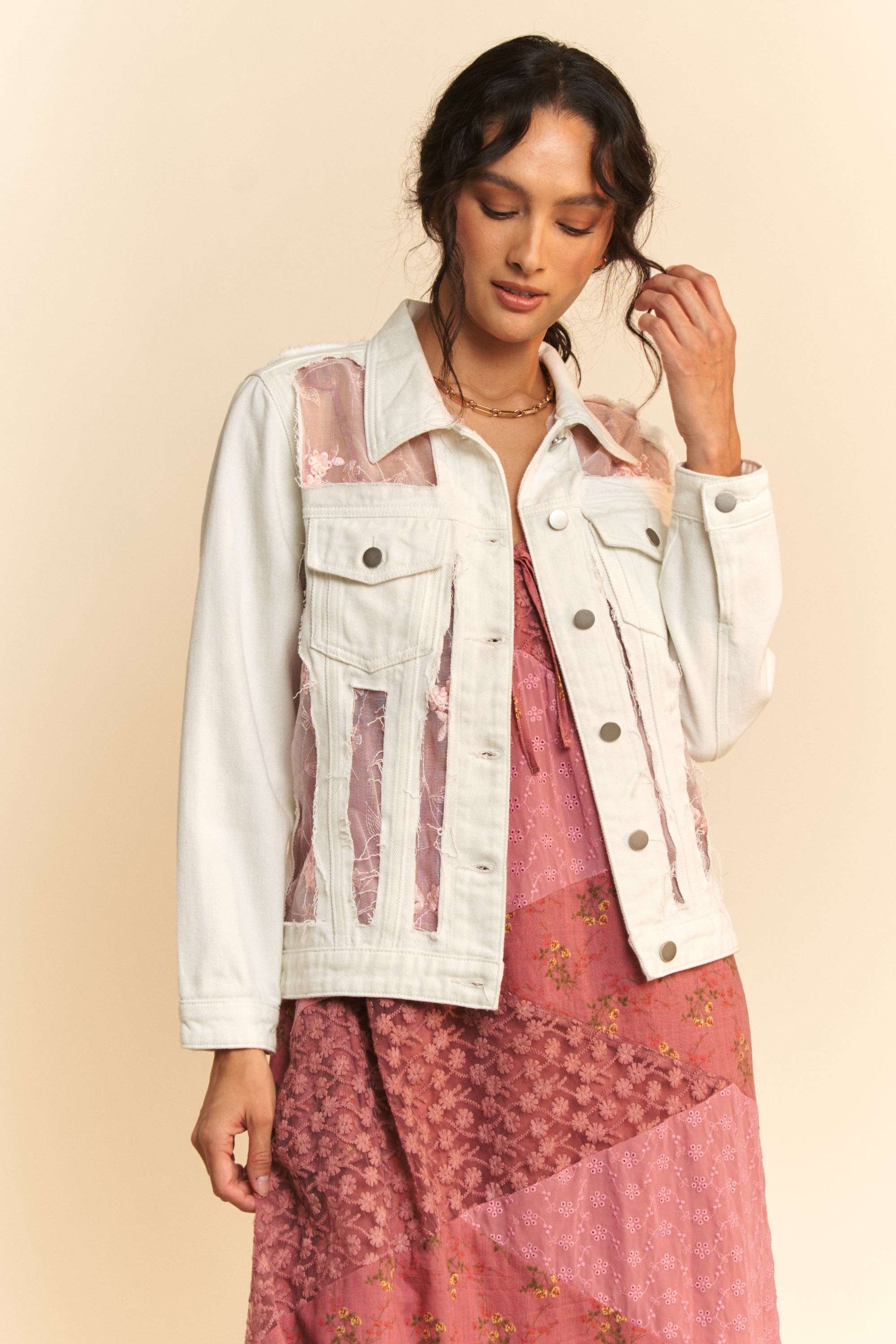 Davi & Dani Floral Embroidered Pannel Detail Denim Jacket - 2 Colors - Curvy Size