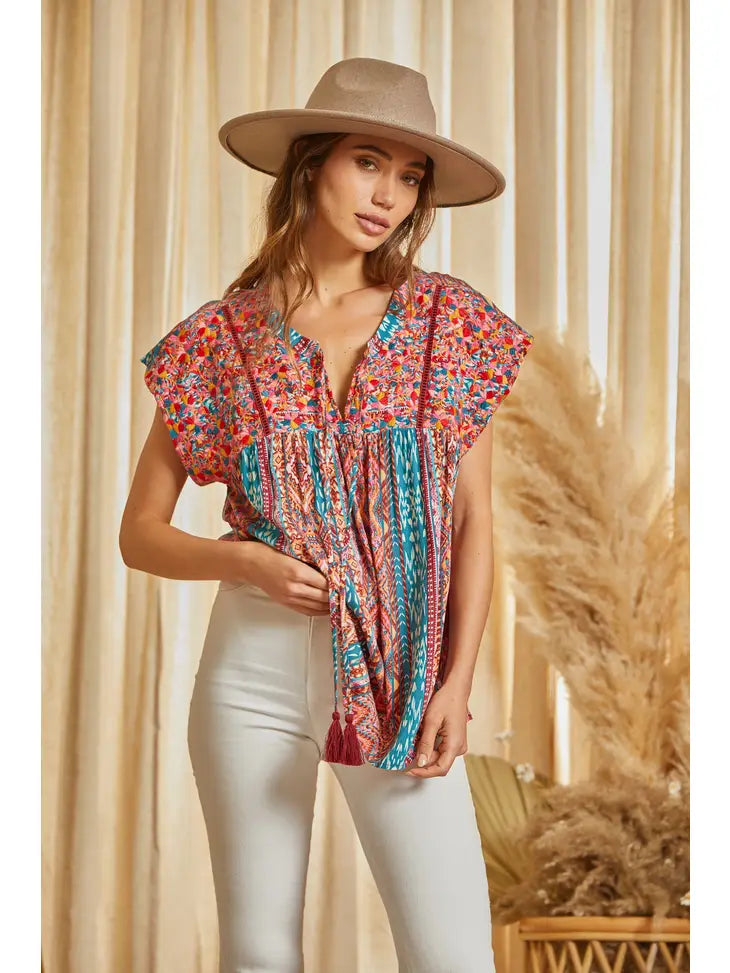 Tassel Detail Print Embroidery Top