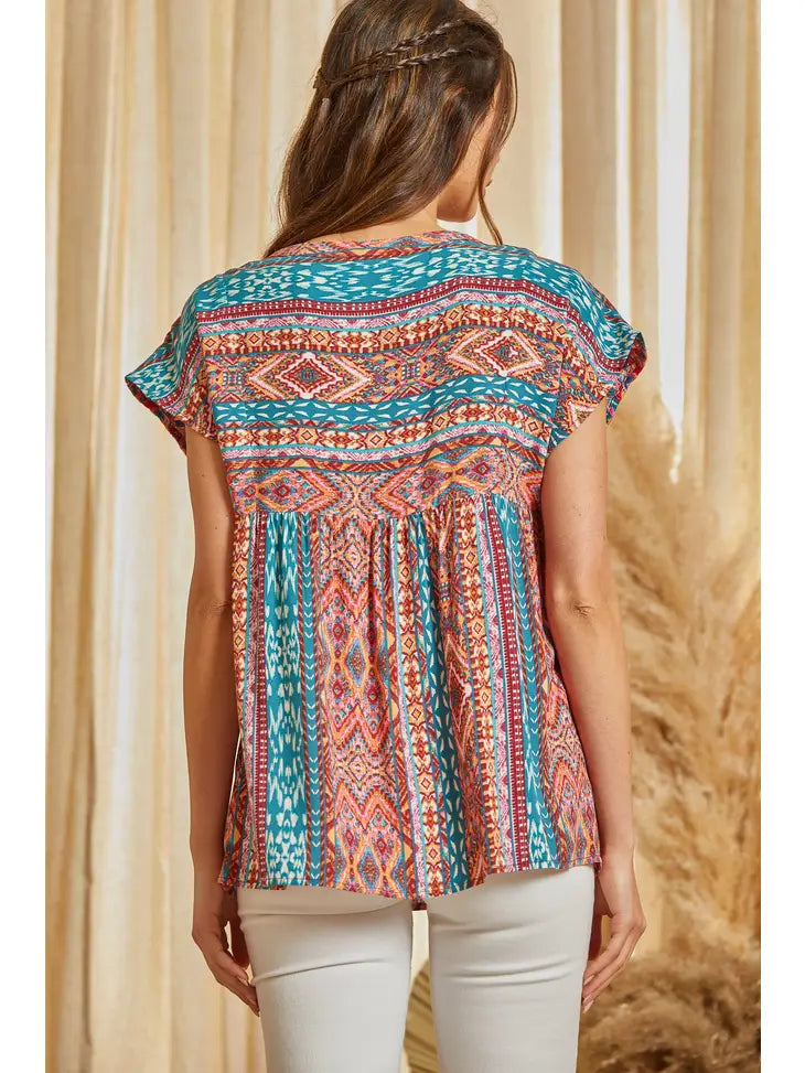 Tassel Detail Print Embroidery Top