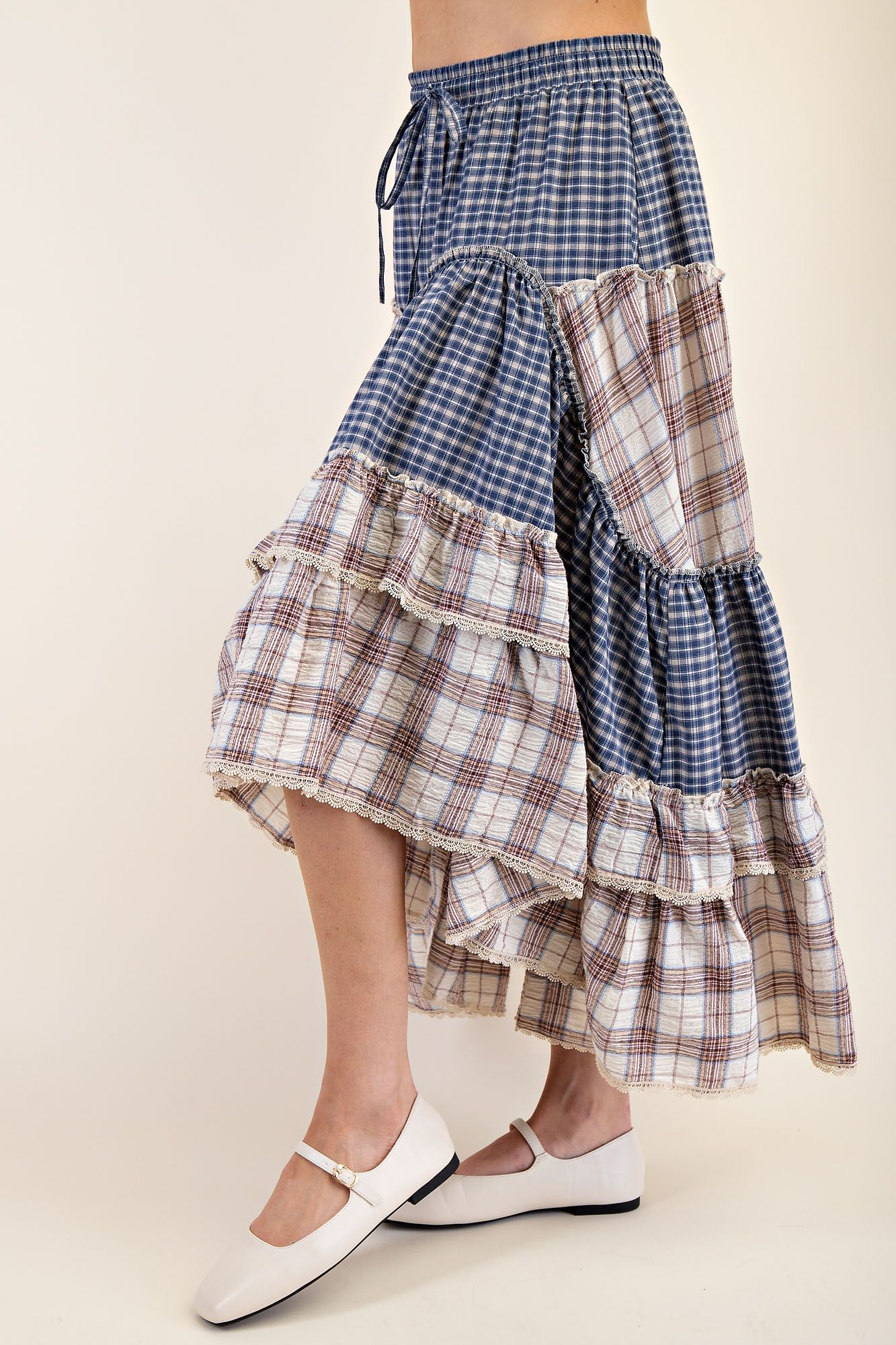 Easel Plaid Mix Crochet Tape Ruffle Skirt