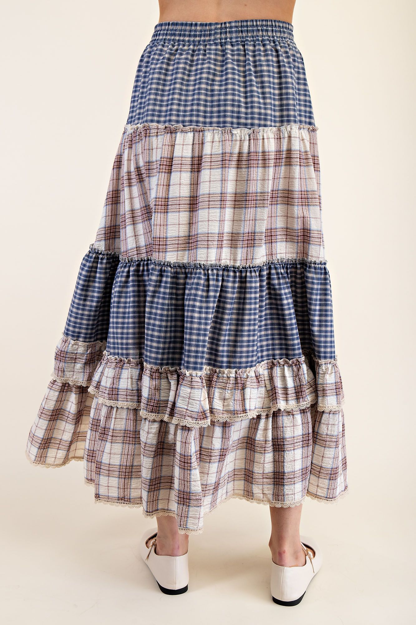 Easel Plaid Mix Crochet Tape Ruffle Skirt