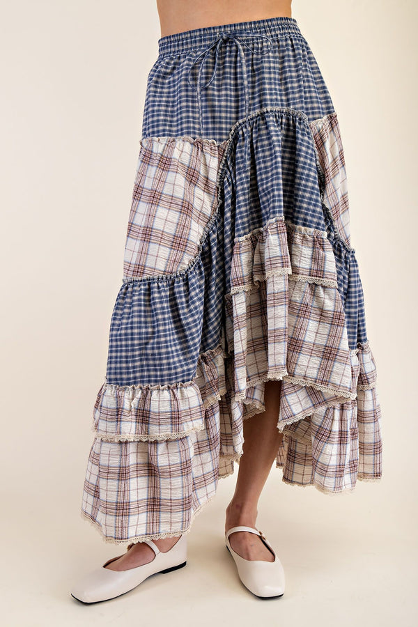 Easel Plaid Mix Crochet Tape Ruffle Skirt