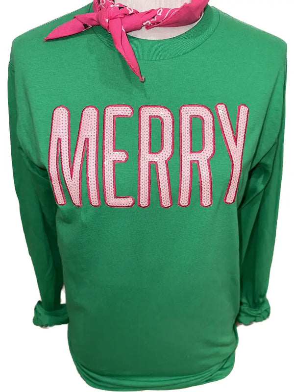 Sequin Pink Merry On Kelly Green Sweatshirt