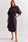 Solid button down 3/4 sleeve midi dress featuring self-tie detail at waist