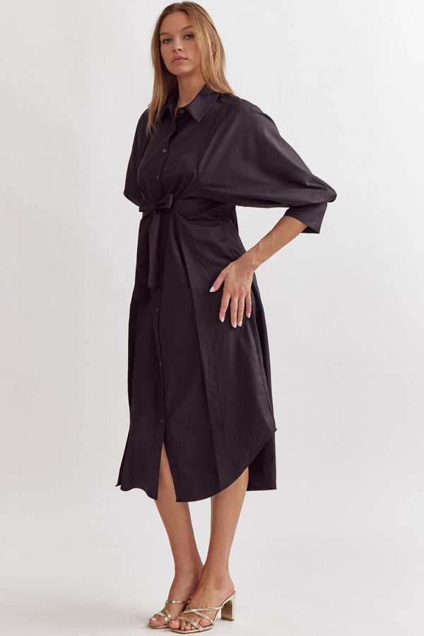 Solid button down 3/4 sleeve midi dress featuring self-tie detail at waist