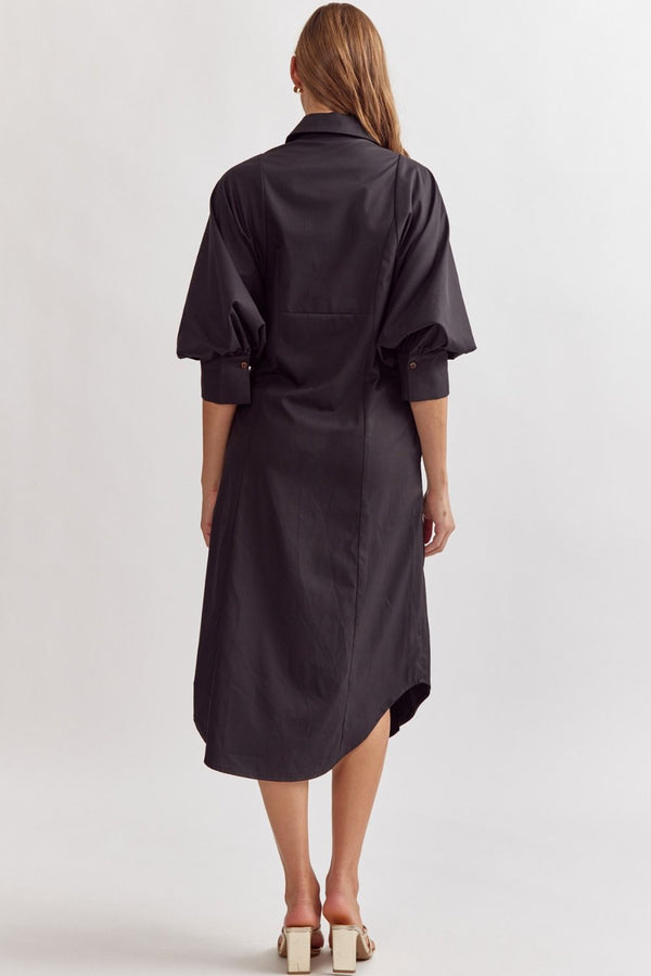 Solid button down 3/4 sleeve midi dress featuring self-tie detail at waist