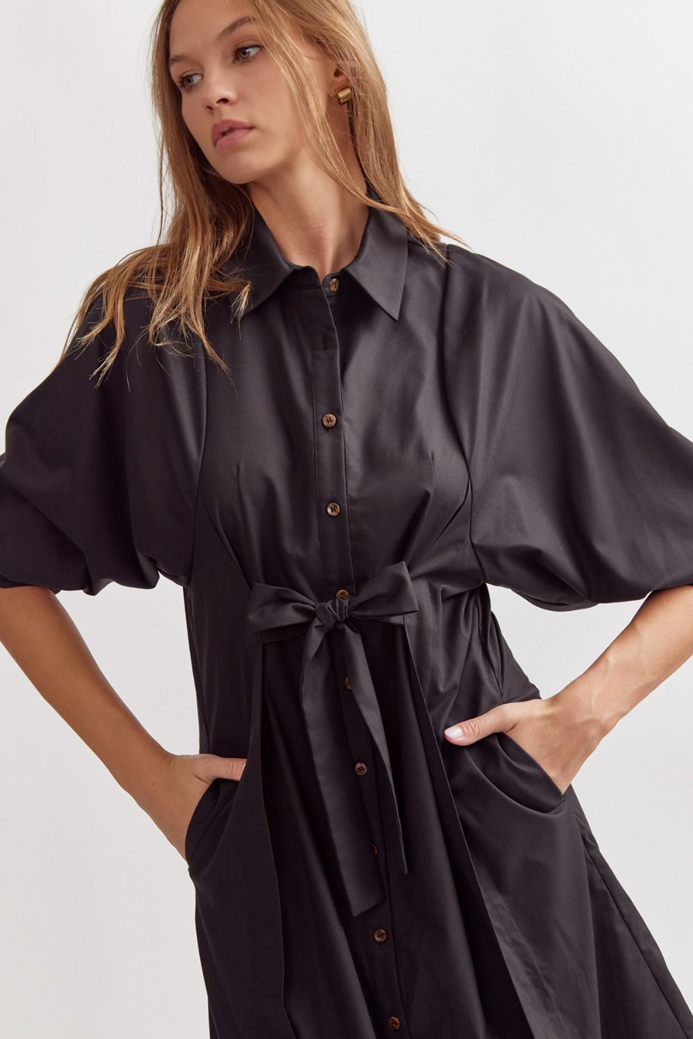 Solid button down 3/4 sleeve midi dress featuring self-tie detail at waist