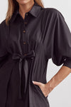 Solid button down 3/4 sleeve midi dress featuring self-tie detail at waist