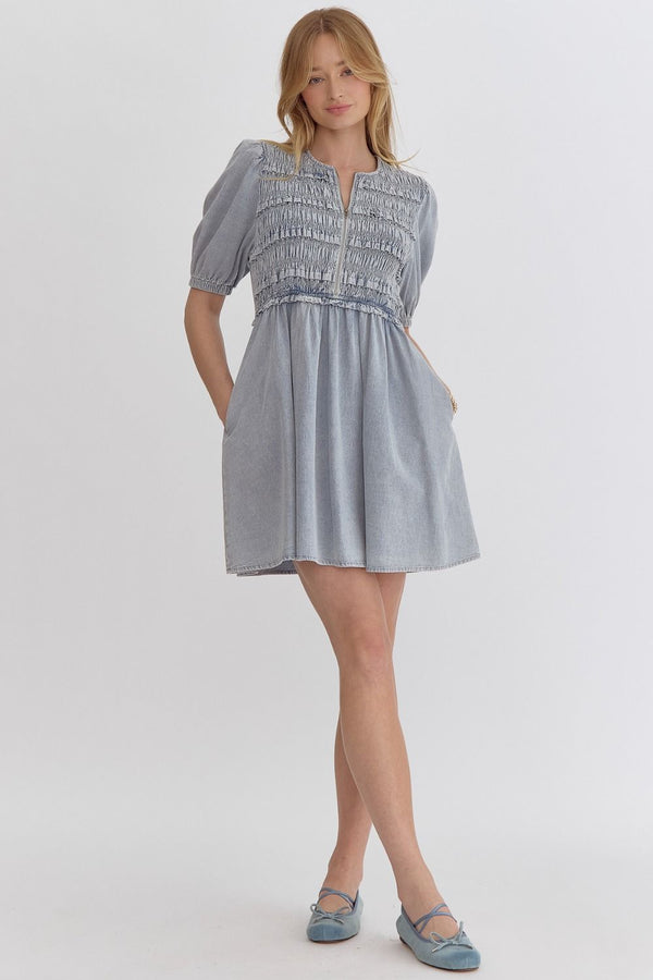 Entro Denim Puff Sleeve Zipper Dress