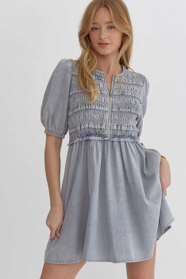 Entro Denim Puff Sleeve Zipper Dress